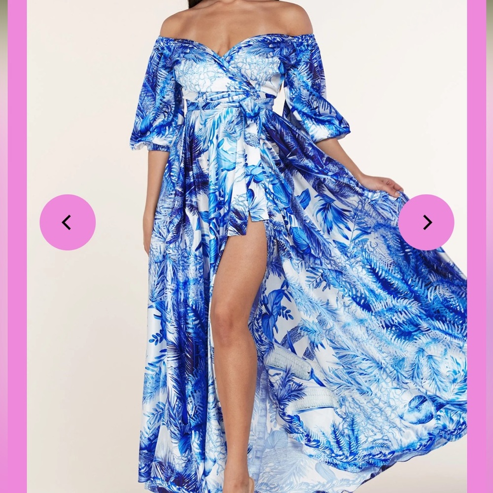 OFF SHOULDER WRAP MAXI DRESS IN A BLUE TROPICAL PRINT